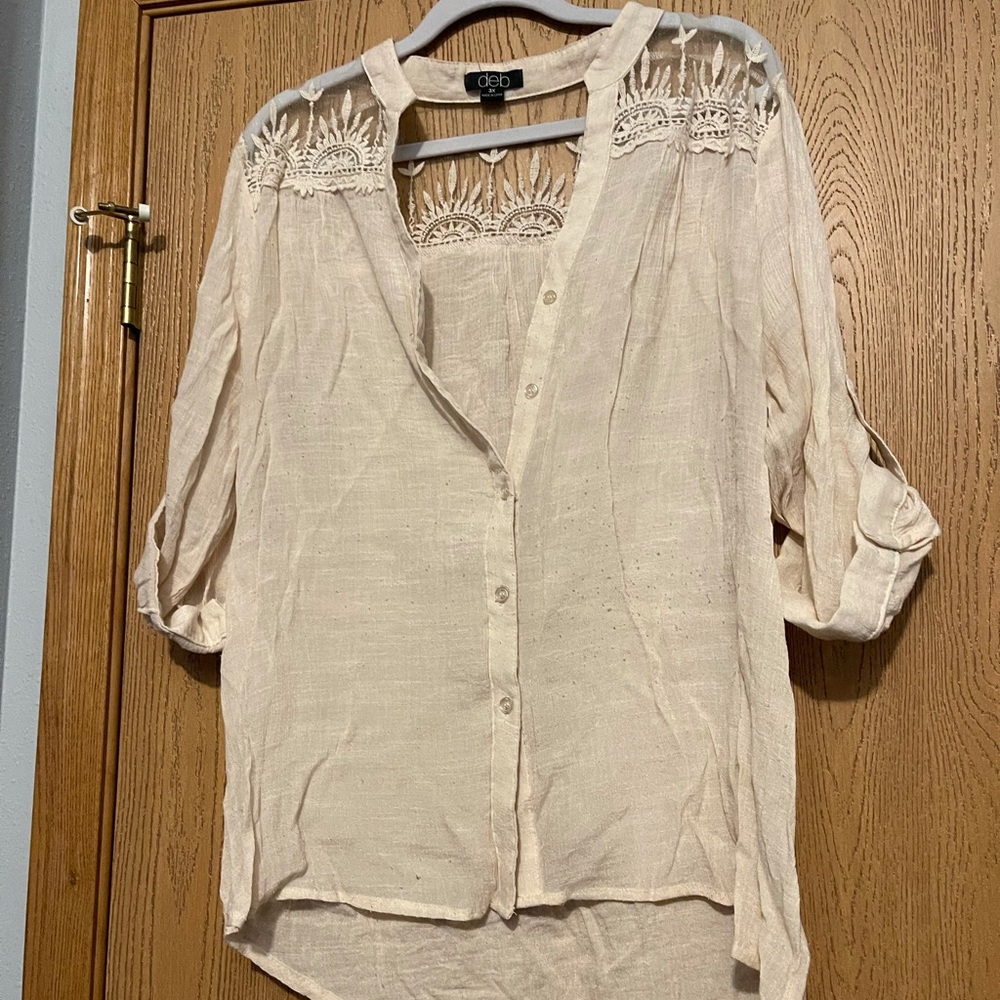 Deb brand tan see through button up